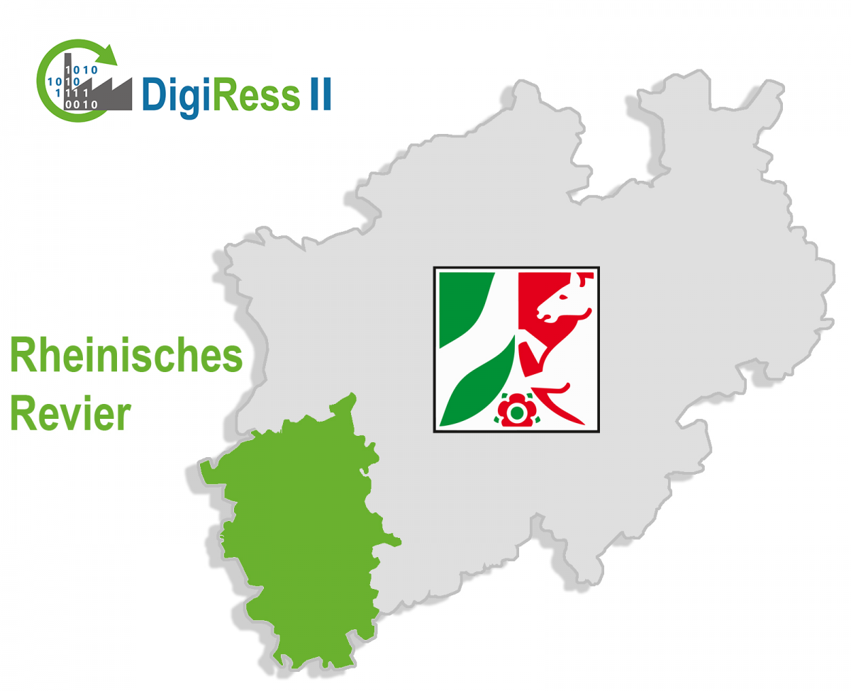 Das Bild zeigt die Umrisse des Landes NRW zusammen mit dem Wappen. Das Rheinisches Revier ist auf der Karte grün eingezeichnet.