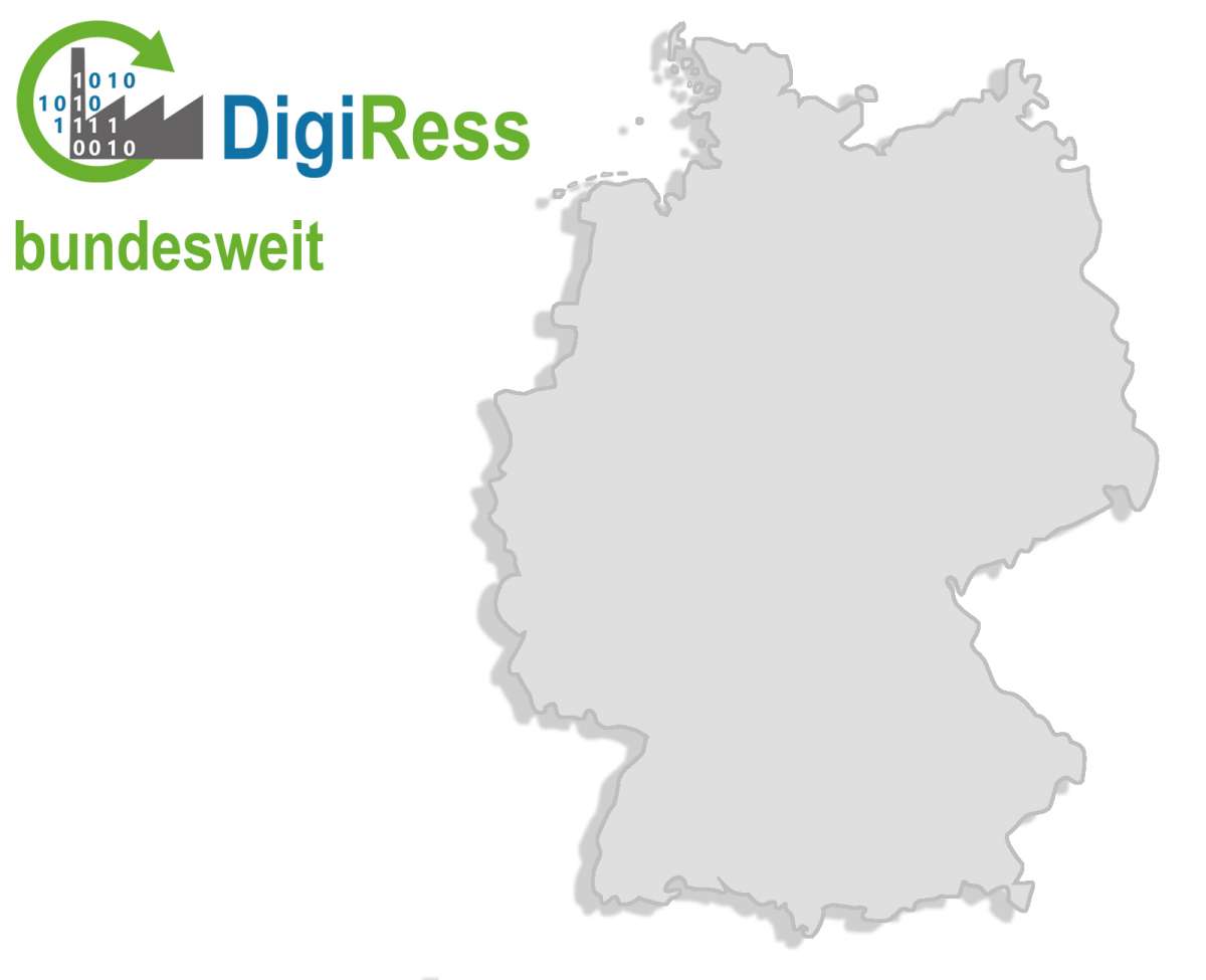 Das Bild zeigt eine Deutschlandkarte zusammen mit dem Key Visual des Förderprogramms "DigiRess" mit dem Zusatz "bundesweit".